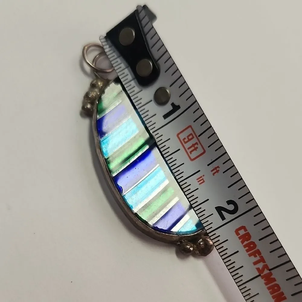 Blue Green Striped Glass Sterling Silver Pendant  925